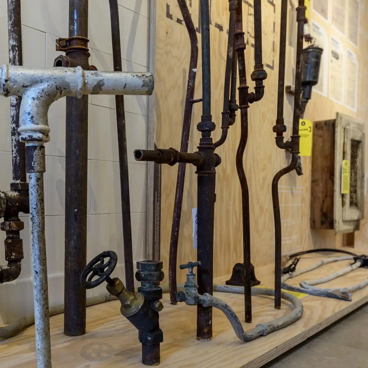 Historische Rohrleitungen und Armaturen als Exponate vor einer hölzernen Präsentationswand