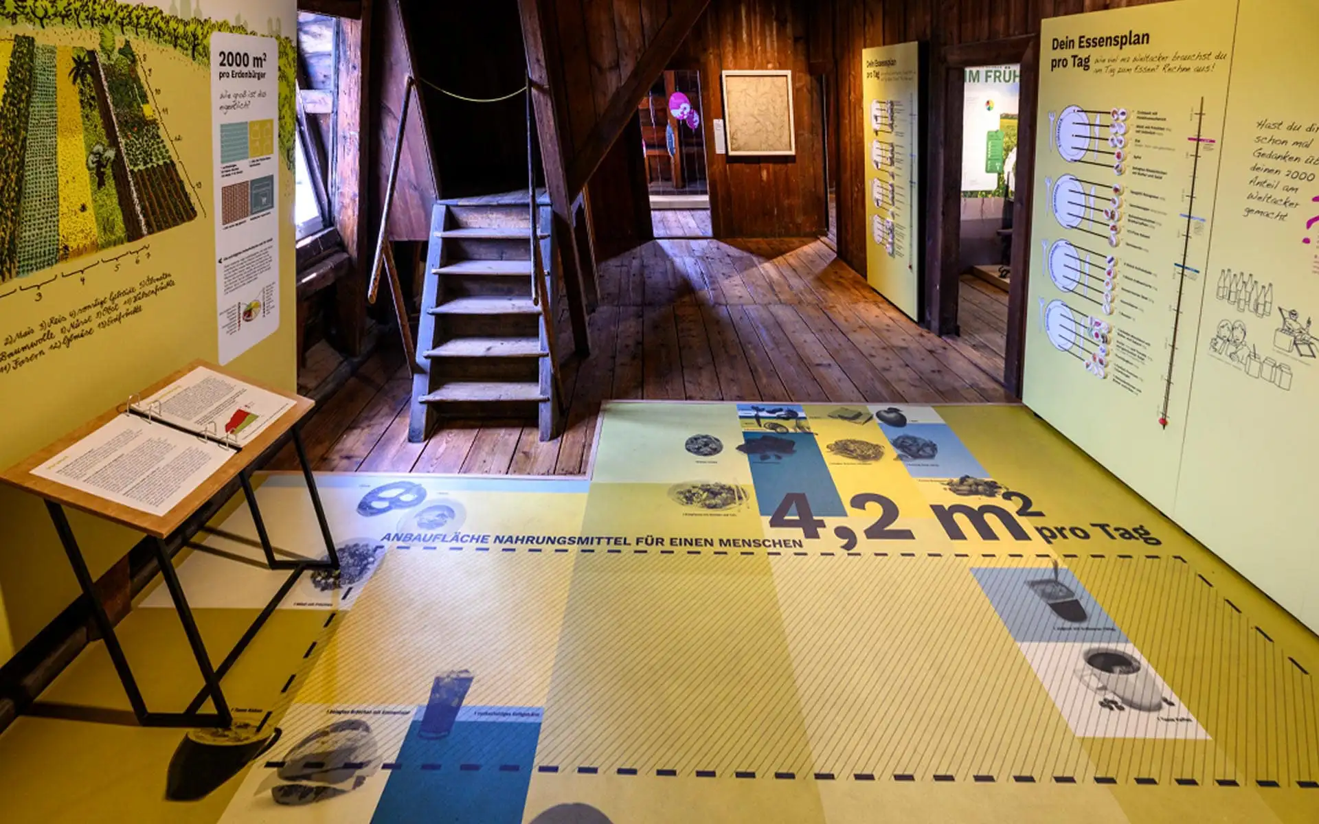 Gang mit gelbem Bodenexponat und verschiedenen Tafeln, Blick in mehrere Ausstellungsräume