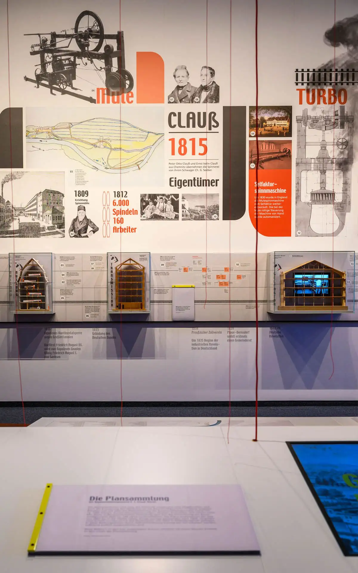 Gestaltete Zeitwand mit historischen Bildern, Modellen und typografischen Ausstellungselementen