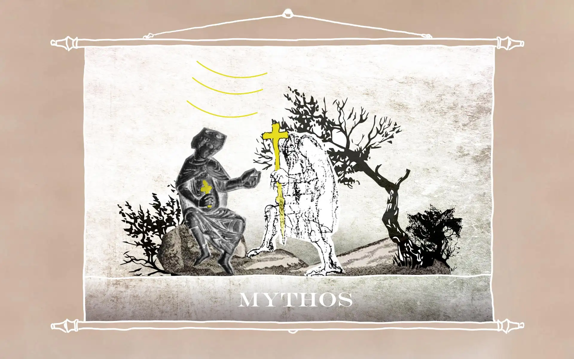 Illustration der Stadtgeschichte mit stilisierten Figuren, Karten und Symbolen.