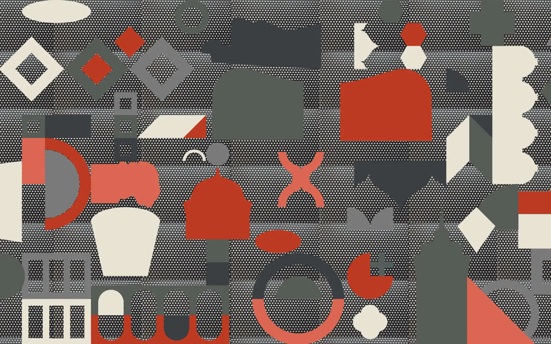 Rastergrafik in kräftigen Farben mit abstrahierten Industrie- und Architekturformen.