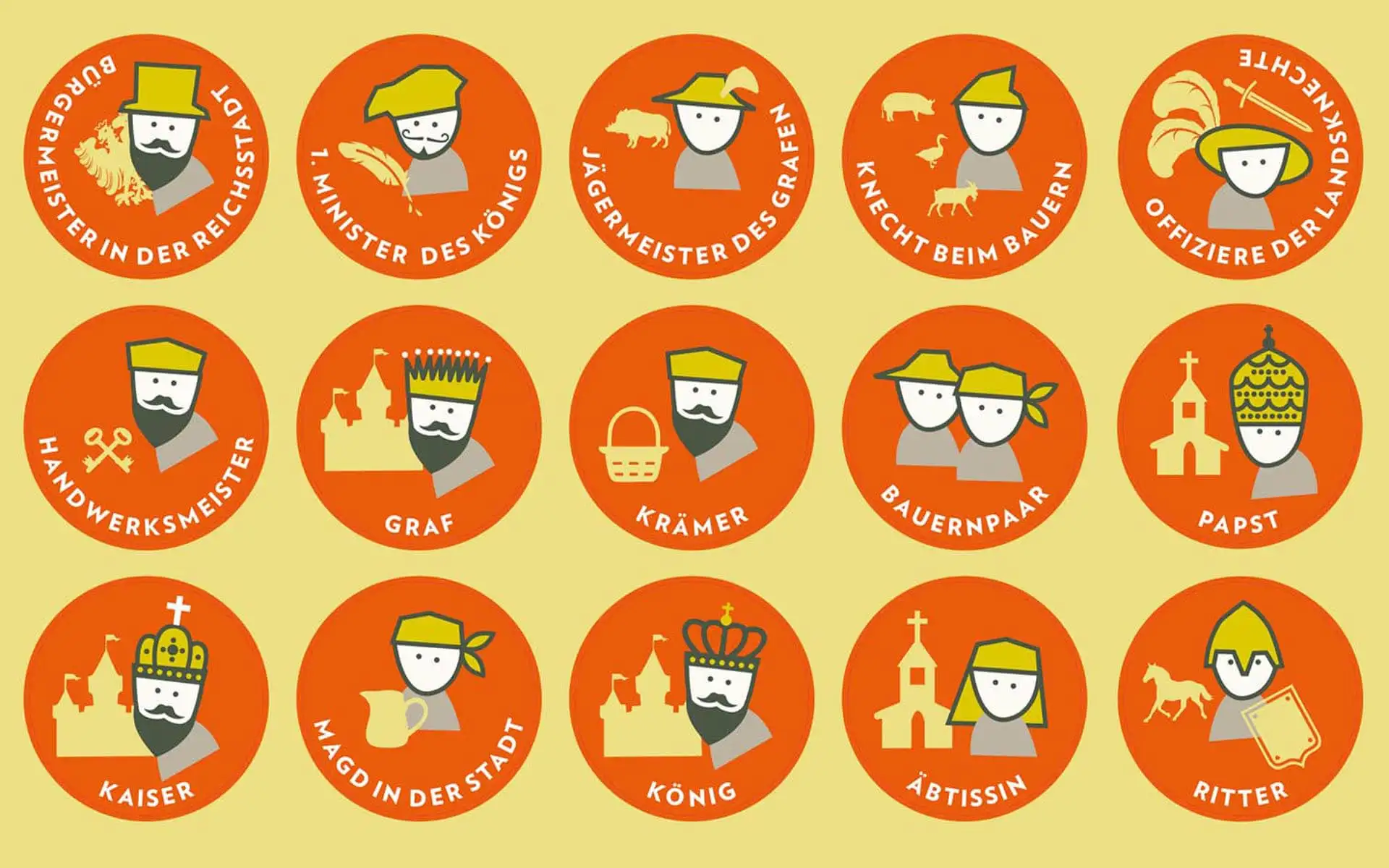 Illustration historischer Berufsrollen mit farbigen Kreisicons.