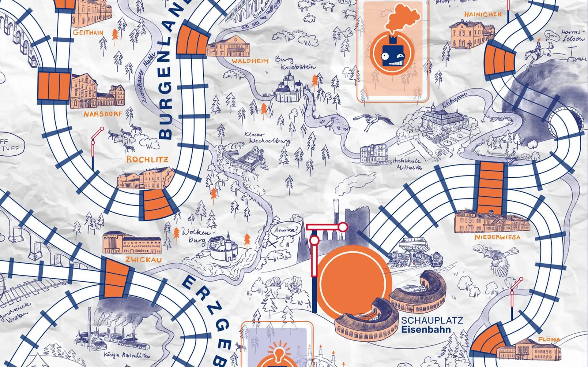 Detailausschnitt des Spielplans mit illustrierten Strecken und Kartensymbolen.