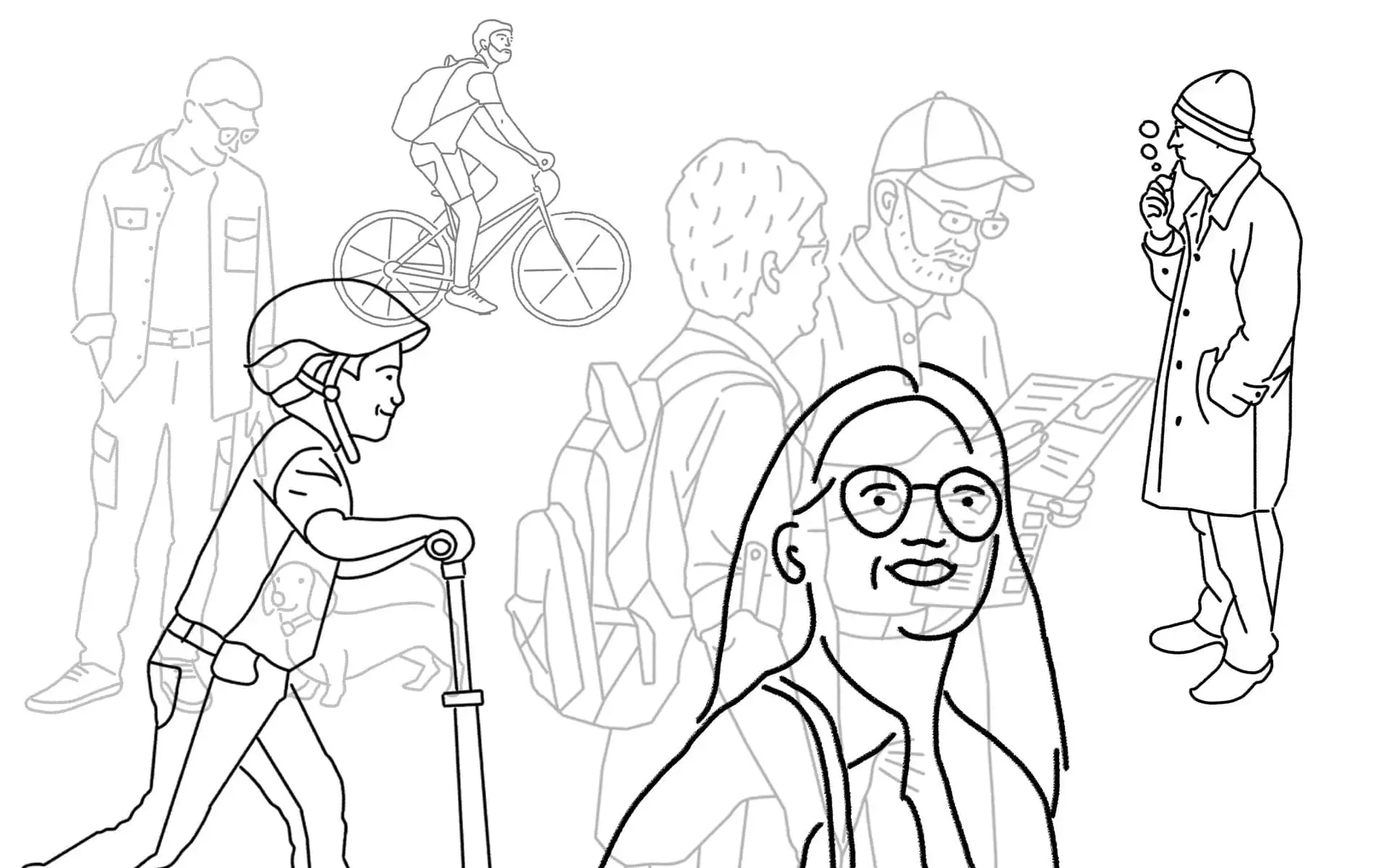 Linienillustrationen verschiedener Alltagsszenen mit Menschen im Stadtraum.