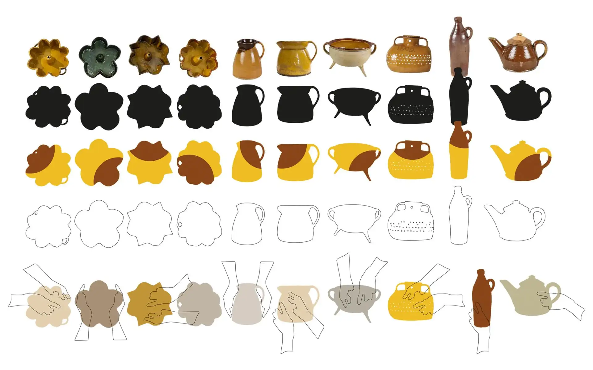 Formstudien und Illustrationen traditioneller Keramikgefäße in mehreren Ebenen.