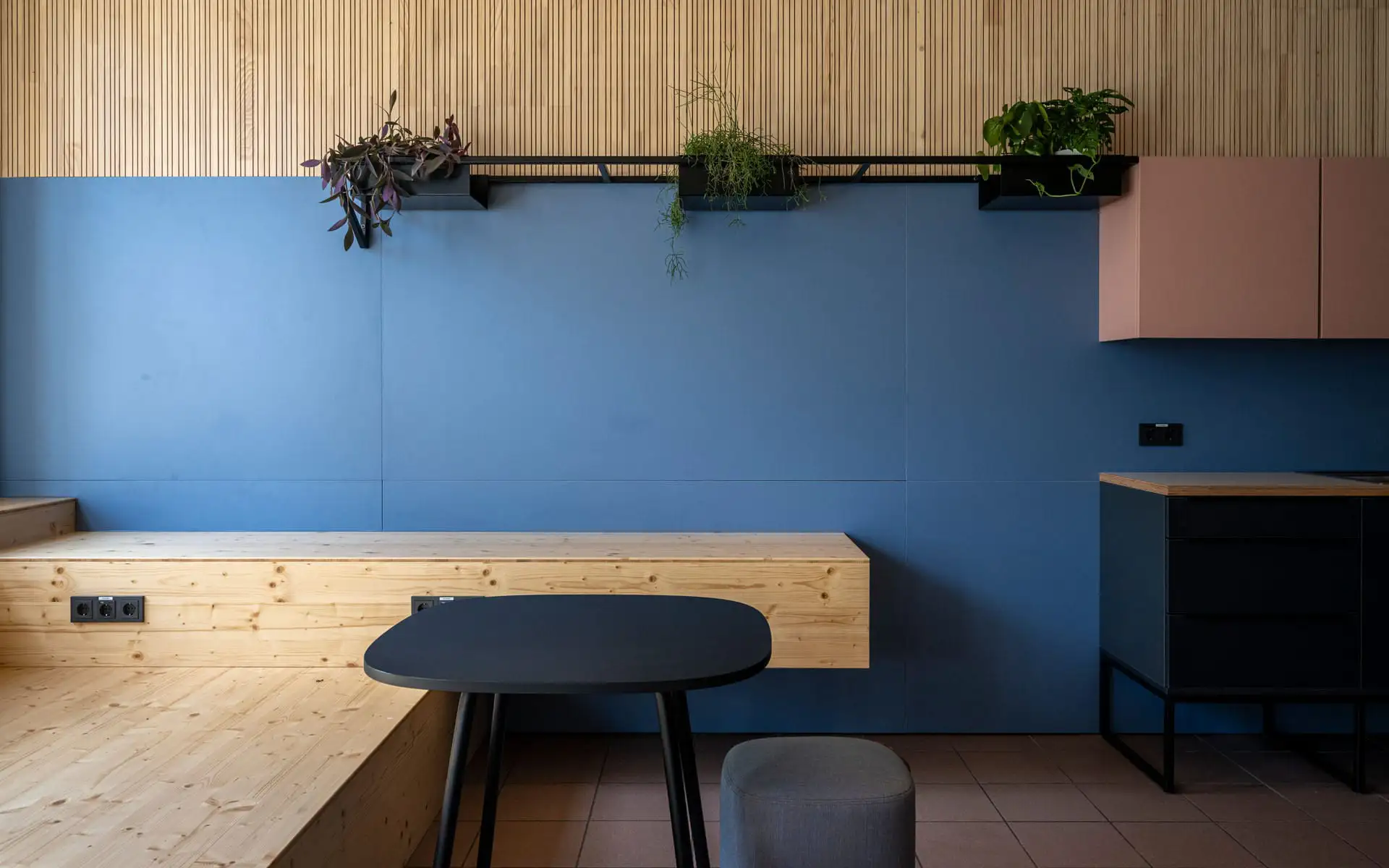 Detailansicht der blauen Wand mit Pflanzenregal; Holzbank und Tisch im Vordergrund.