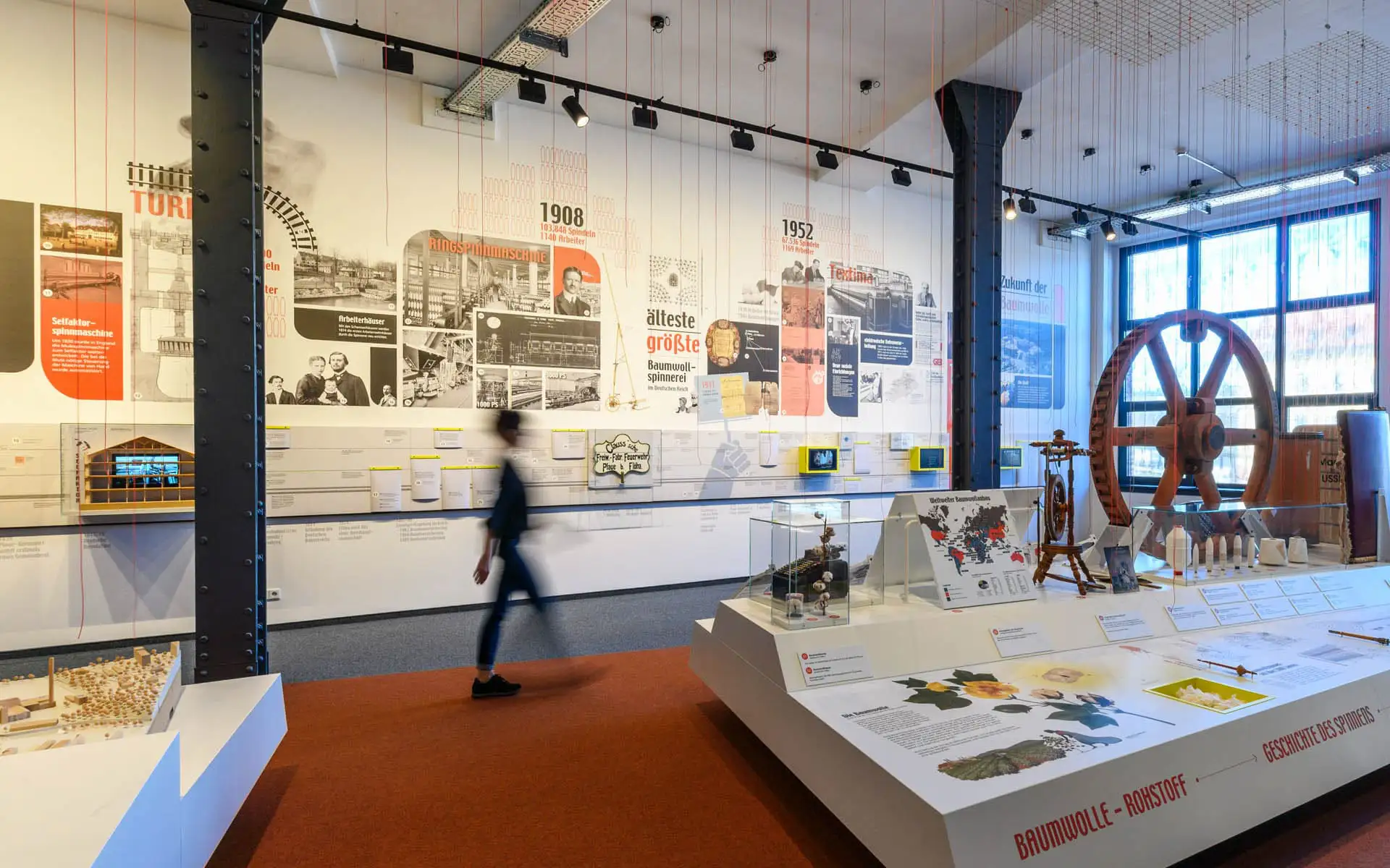 Ausstellungsraum zur Geschichte der Baumwollspinnerei mit Zeitwand, Vitrinen, großem Antriebsrad und vorbeigehender Person.